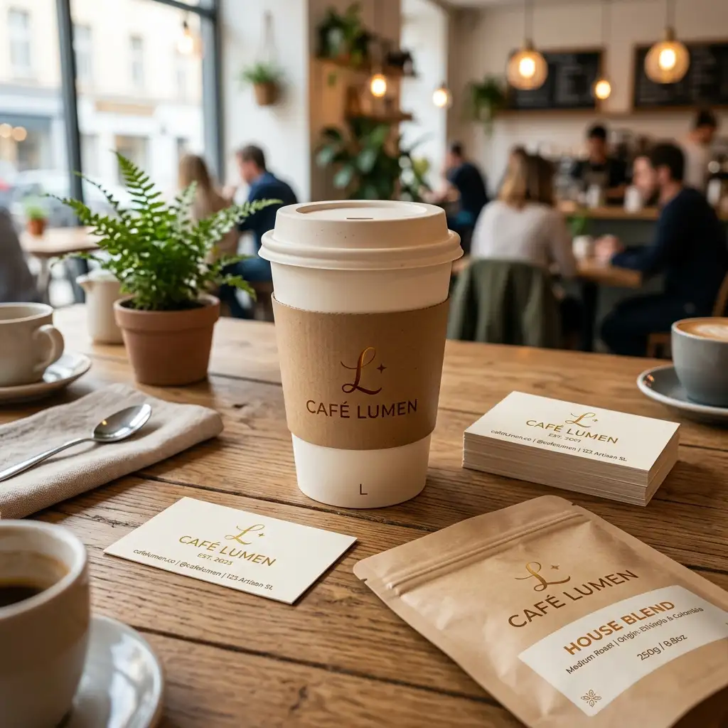 Logo, color palette, and packaging mockup for the Café Lumen coffee shop brand identity